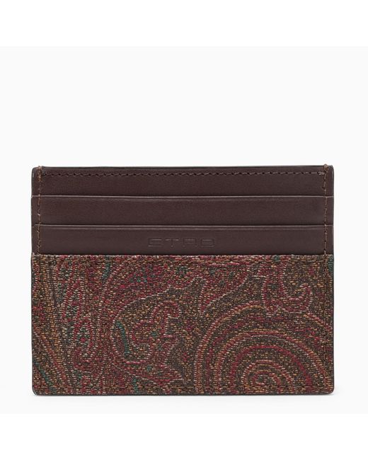 Etro Brown Paisley Card Case In Coated Canvas With Logo for men