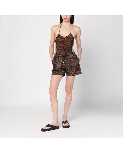 The Attico Multicolor Zebra Shorts In Khaki/brown Nylon