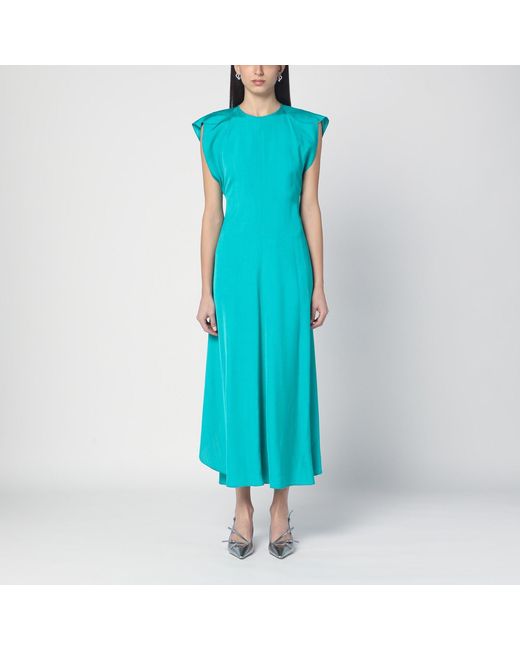 Victoria Beckham Blue Peacock Colour Midi Dress With Hooded Sleeves