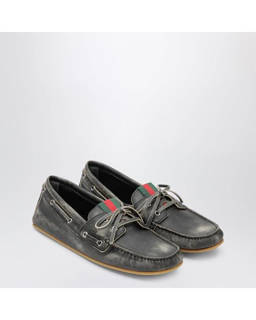 Gucci Black Boat Shoes With Washed Effect for men