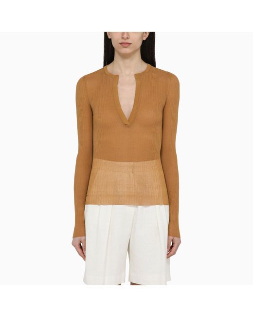 Max Mara Brown Leather-coloured Ribbed Silk Jersey