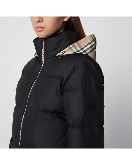 Burberry Black Zip-Up Down Jacket With Check Detail