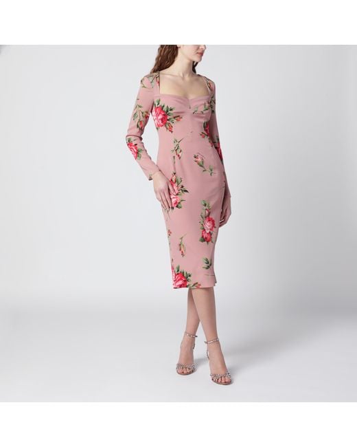 Dolce & Gabbana Red Bouquet Rose Print Sheath Dress