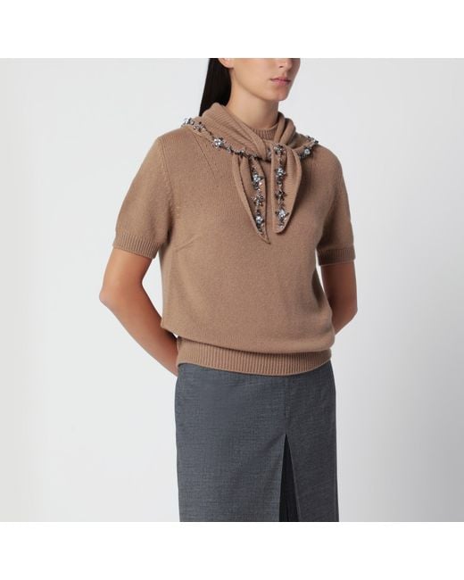 Prada Brown Camel Cashmere Sweater With Jewel Scarf