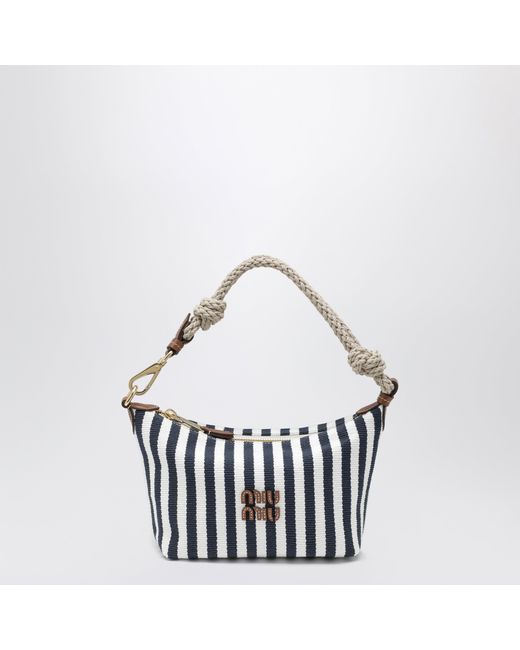 Miu Miu White Striped Jacquard Cotton And Leather Pouch, /Cognac