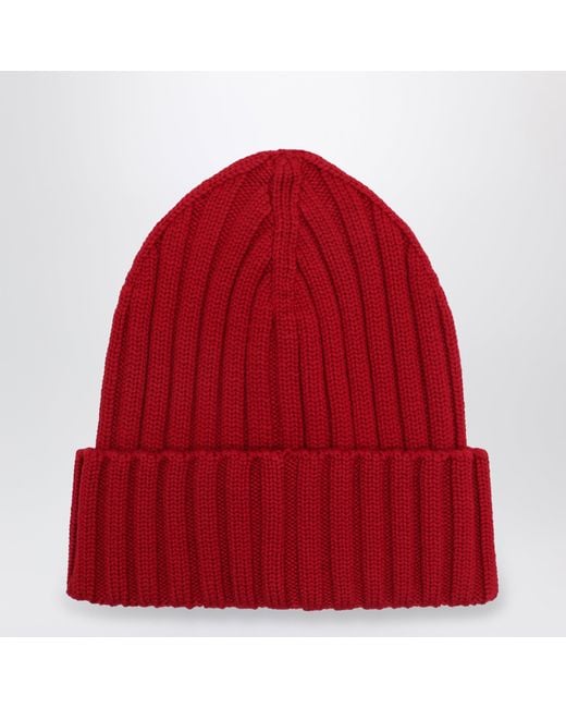 Moncler Red Cable-Knit Wool Beanie With Logo
