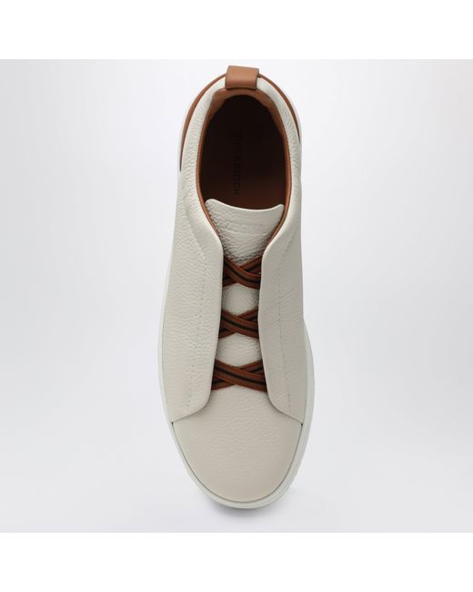 Zegna White Triple Stitch Leather Sneakers for men