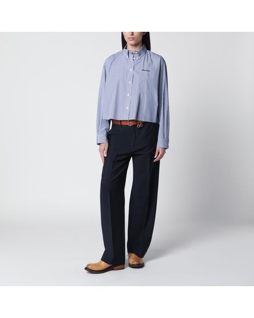 Miu Miu Blue Cobalt Striped Cropped Shirt With Logo Embroidery