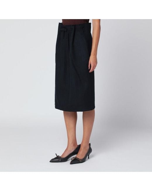 Prada Black Blauer Woll-Midirock Mit Fischgrätenmuster