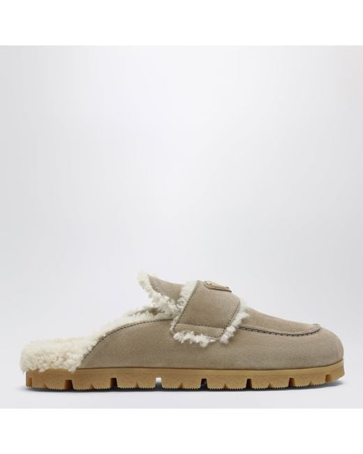 Prada Natural Suede And Shearling Mules