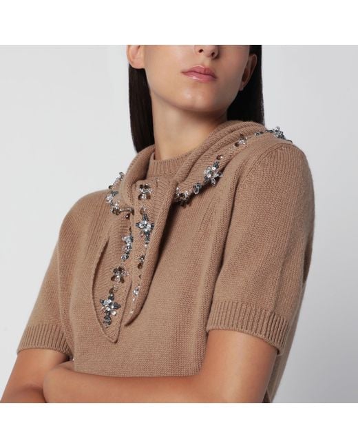 Prada Brown Camel Cashmere Sweater With Jewel Scarf