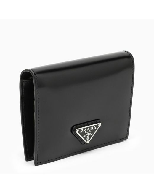 Prada Brushed Leather Bi-fold Wallet in Black | Lyst
