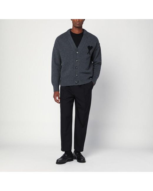 AMI Blue Ami De Coeur Heather Grey Wool Cardigan for men