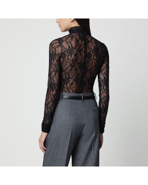 ANDAMANE Black Semi-Sheer Lace Turtleneck Bodysuit