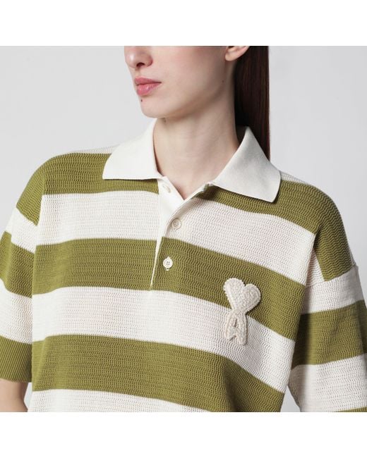 AMI Green Ami De Coeur Striped Cotton Knit Polo Shirt