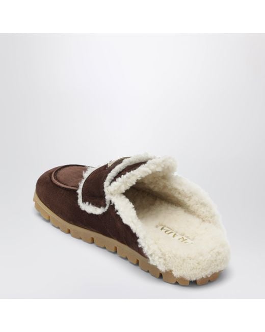 Prada Brown Suede And Shearling Clogs