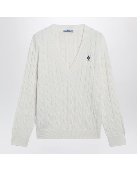 Prada White Cableknit Vneck Jumper