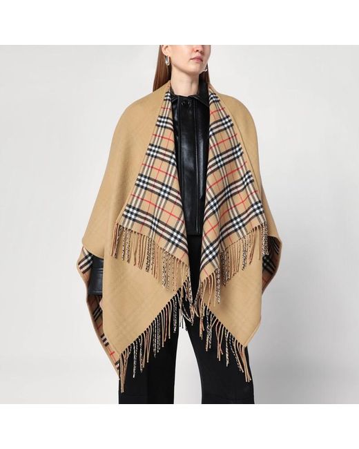 Burberry Natural Wool Cape With Check Pattern