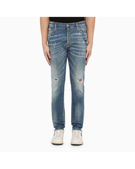 DSquared² Regular Blue Washed Denim Jeans With Wear for men