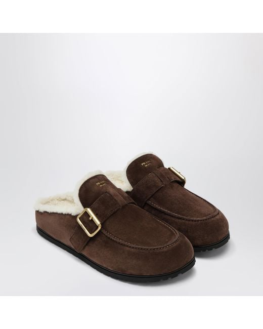 Prada Brown Moro Suede Clogs With Shearling Lining