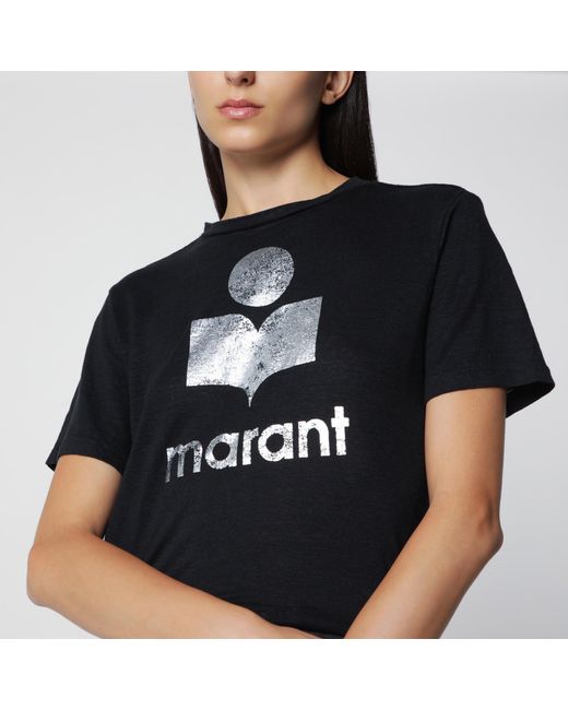 Isabel Marant Black Zewel Logo Short-Sleeve Linen T-Shirt
