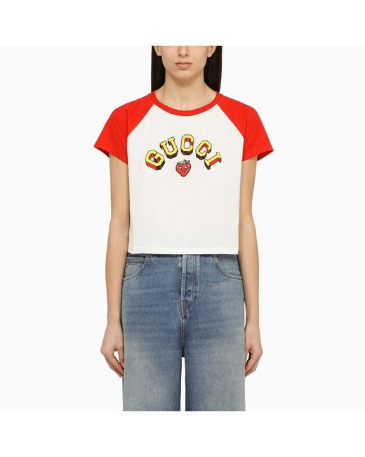 T-shirt girocollo bianca/rossa con logo di Gucci in Red
