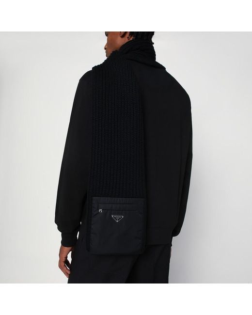 Prada Black Wool Scarf With Re-Nylon Pocket for men