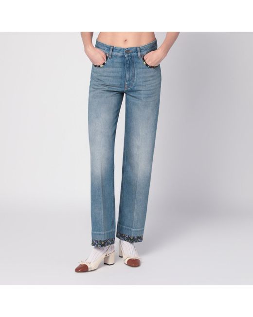Valentino Blue Washed Jeans With Floral Fabric Trims