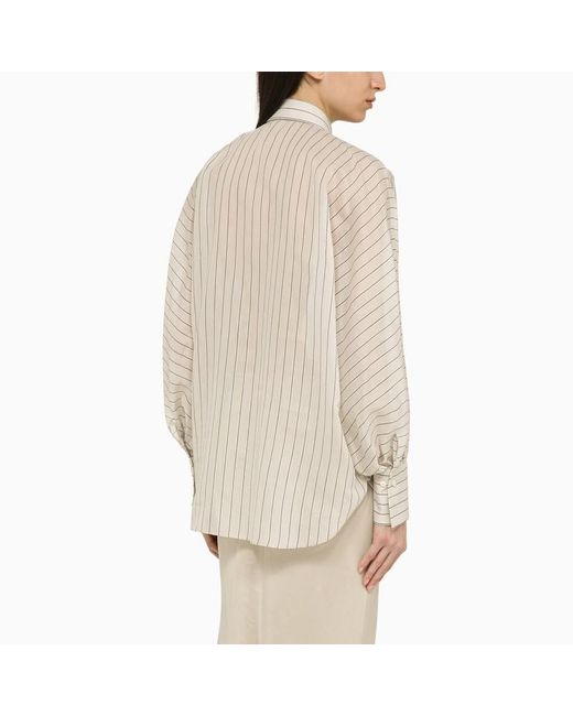 Camicia a righe beige/bianca/nera in cotone e seta di Brunello Cucinelli in Natural
