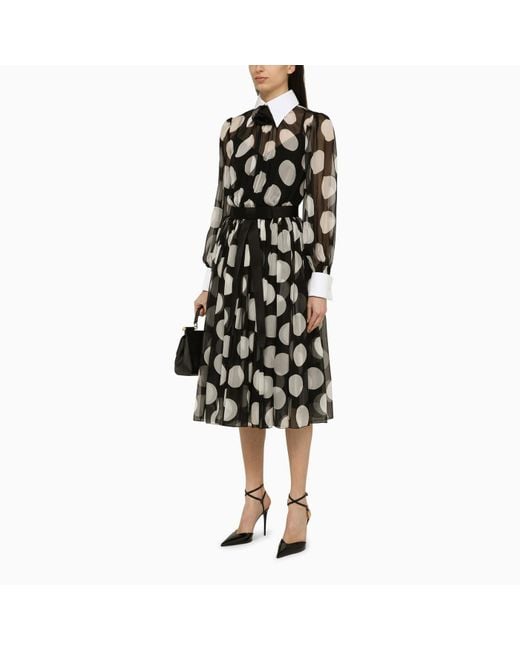 Dolce & Gabbana Black Longuette Dress With Polka Dots In Silk Chiffon