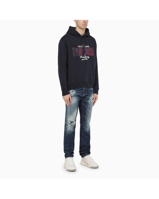 DSquared² Black Dark Blue Cotton Hooded Sweatshirt With Print for men