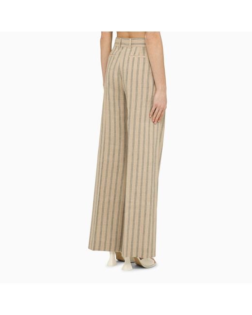 Quelledue Natural Beige Striped Linen And Wool Trousers