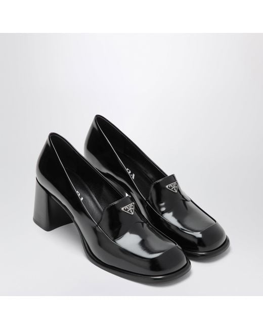 Prada Black Brushed Leather Heeled Loafers