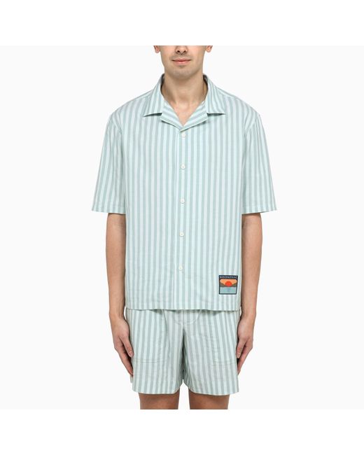 Maison Kitsuné Blue Short-sleeved Striped Cotton Shirt for men