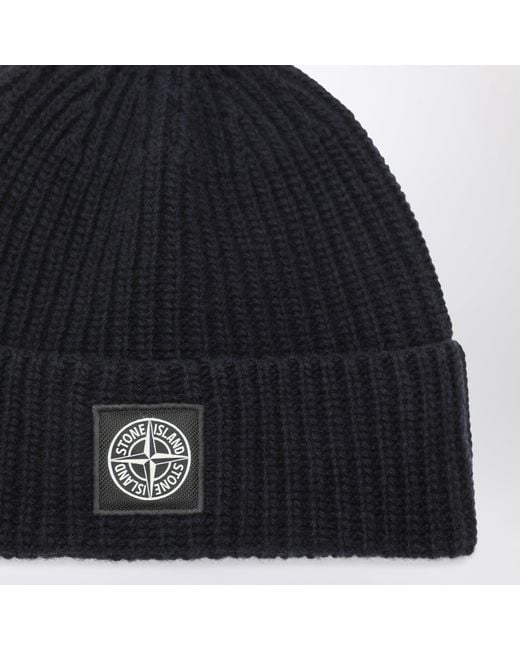Stone Island Black Wool Beanie With Compass Patch for men