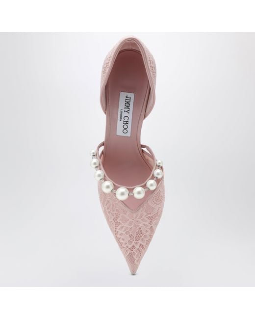 Jimmy Choo Pink Lace Decollete With Pearl Decoration