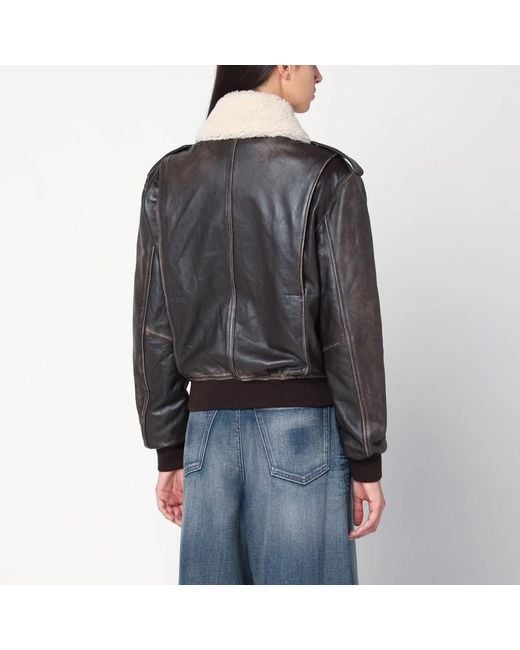 Halfboy Black Leather Bomber Jacket With Shearling Collar