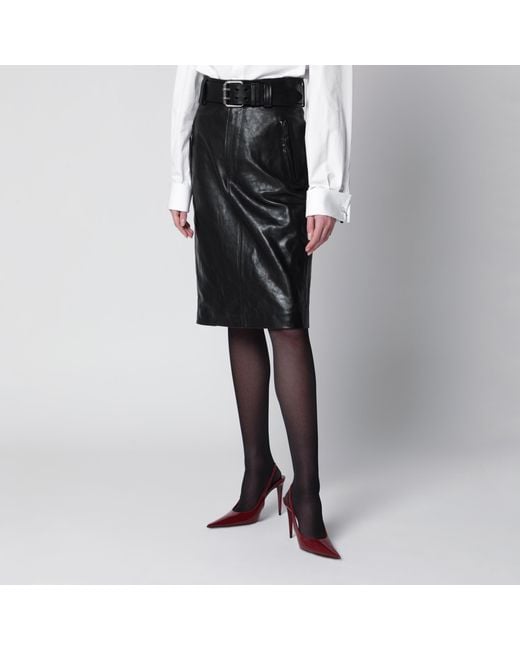 Saint Laurent Black Crinkled Calfskin Belted Pencil Skirt