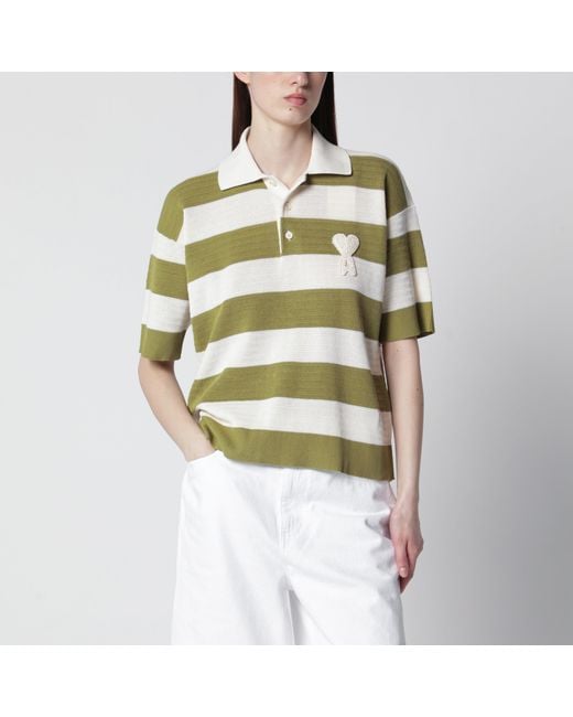 AMI Green Ami De Coeur Striped Cotton Knit Polo Shirt