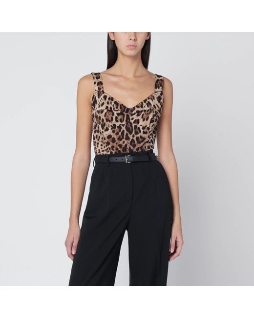Dolce & Gabbana Black Charmeuse Bustier With Leopard Print