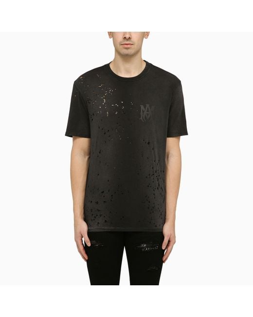 Amiri Faded Black Crewneck T Shirt With Perforated Details for men