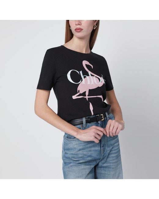 Chloé Blue Baby-Fit T-Shirt With Logo And Flamingo Print