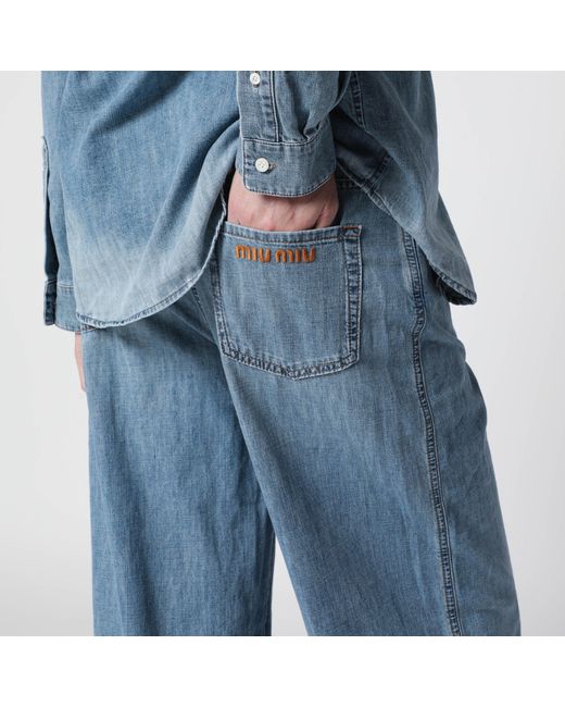 Miu Miu Blue High-Waisted Wide-Leg Chambray Pants