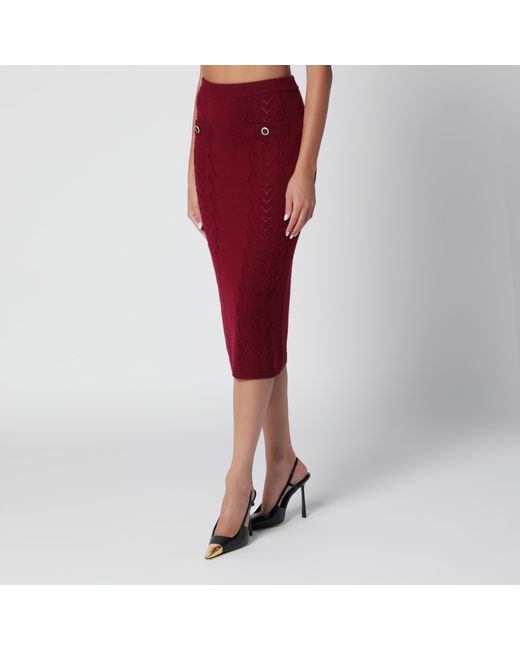 Alessandra Rich Red Bordeaux Merino Wool Lace Knit Midi Skirt