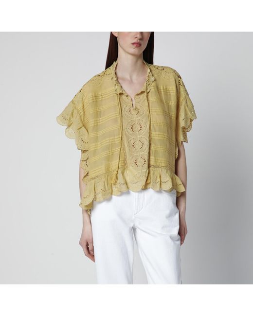 Isabel Marant Yellow Ochre Payton Cotton Blouse With Floral Lace
