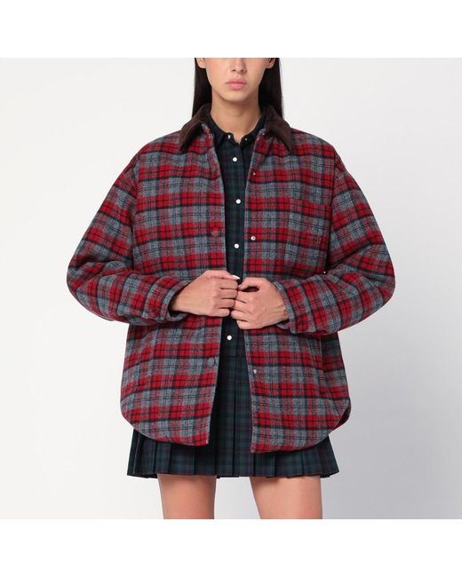 Miu Miu Red Shirt-Style Down Jacket With Slate/ Check Pattern