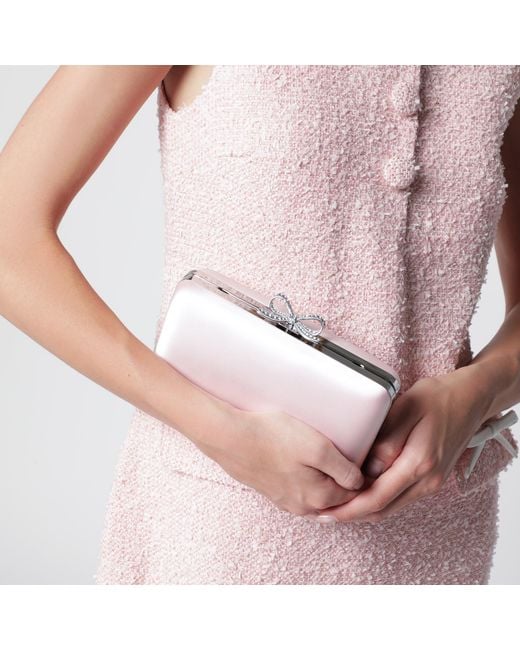Self-Portrait Pink Satin Clutch With Crystal Bow