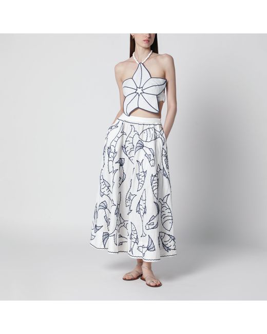 Farm Rio Blue Midi Skirt With Marine Embroidery