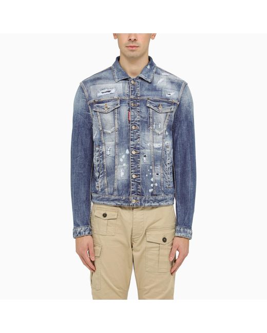 DSquared² Blue Navy Jeans Jacket With Tears for men