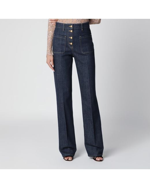 Valentino Blue Cotton Denim Pants With Logo Buttons, Medium